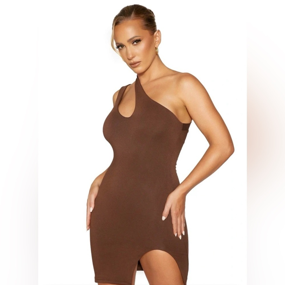 NEW Naked Wardrobe Chocolate Brown One-Shoulder Cutout Mini Dress, Size XL